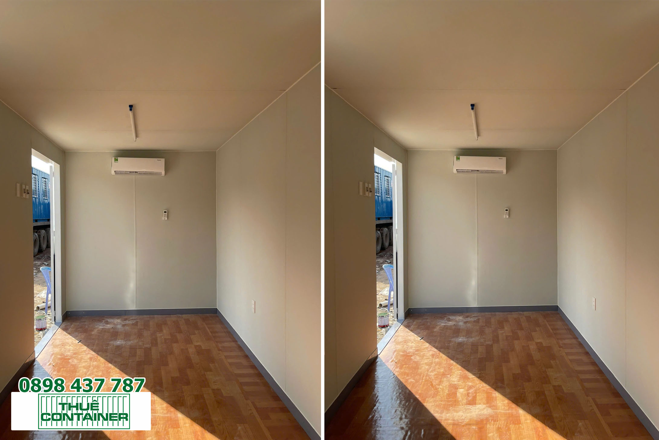 Phần nội thất của container văn phòng 40ft HC, trần cao, vách ốp ván, sàn simily, trang bị máy lạnh